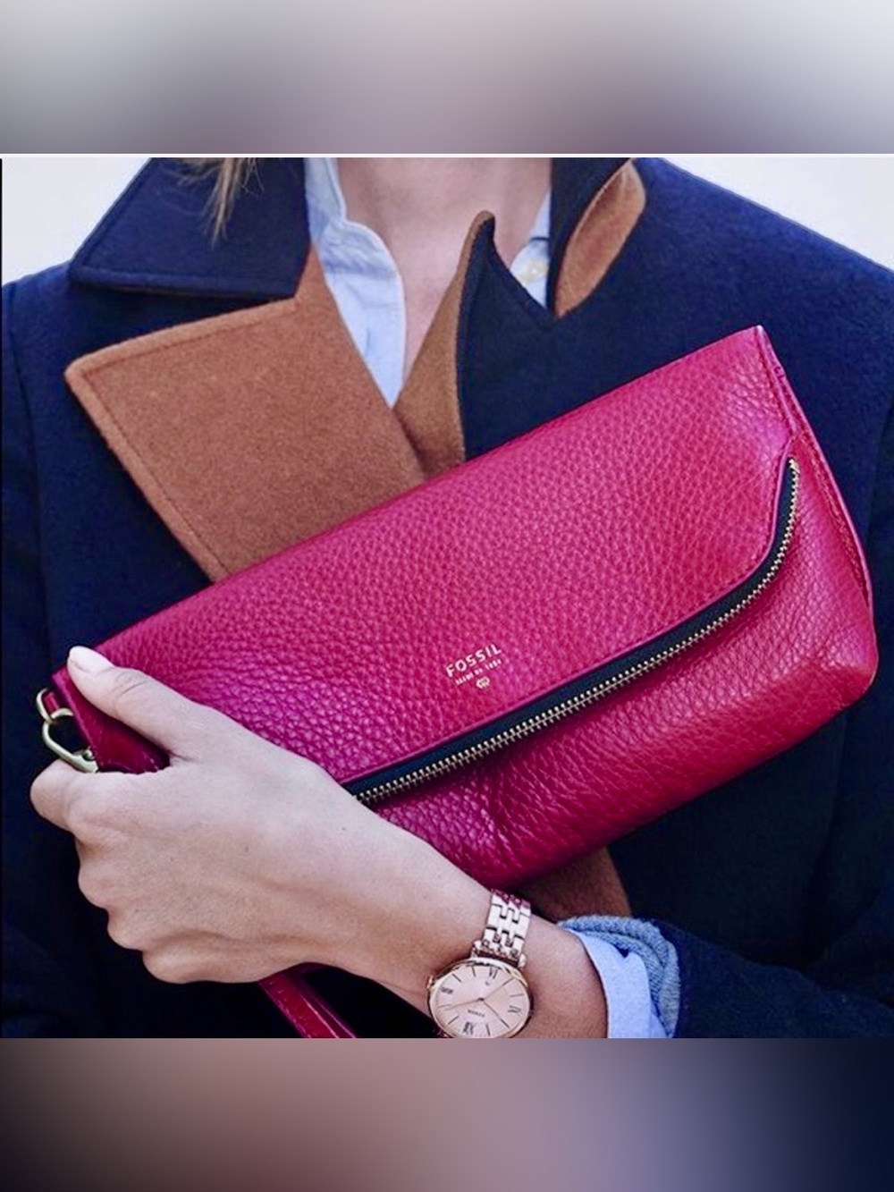Fossil Preston Pebbled Leather Clutch Pouch in Fuschia Wristlet Pocket Purse Bag
